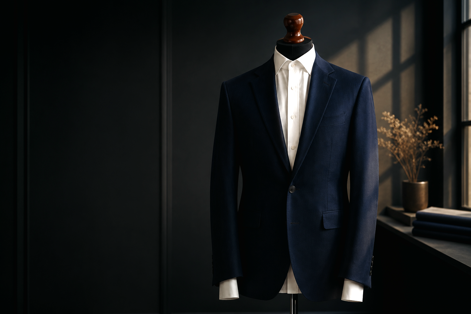 Bespoke navy suit on a mannequin