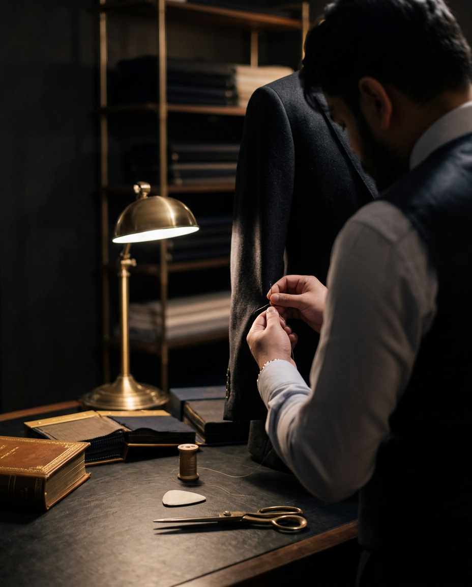 Tailor hand-finishing a charcoal jacket in a private atelier